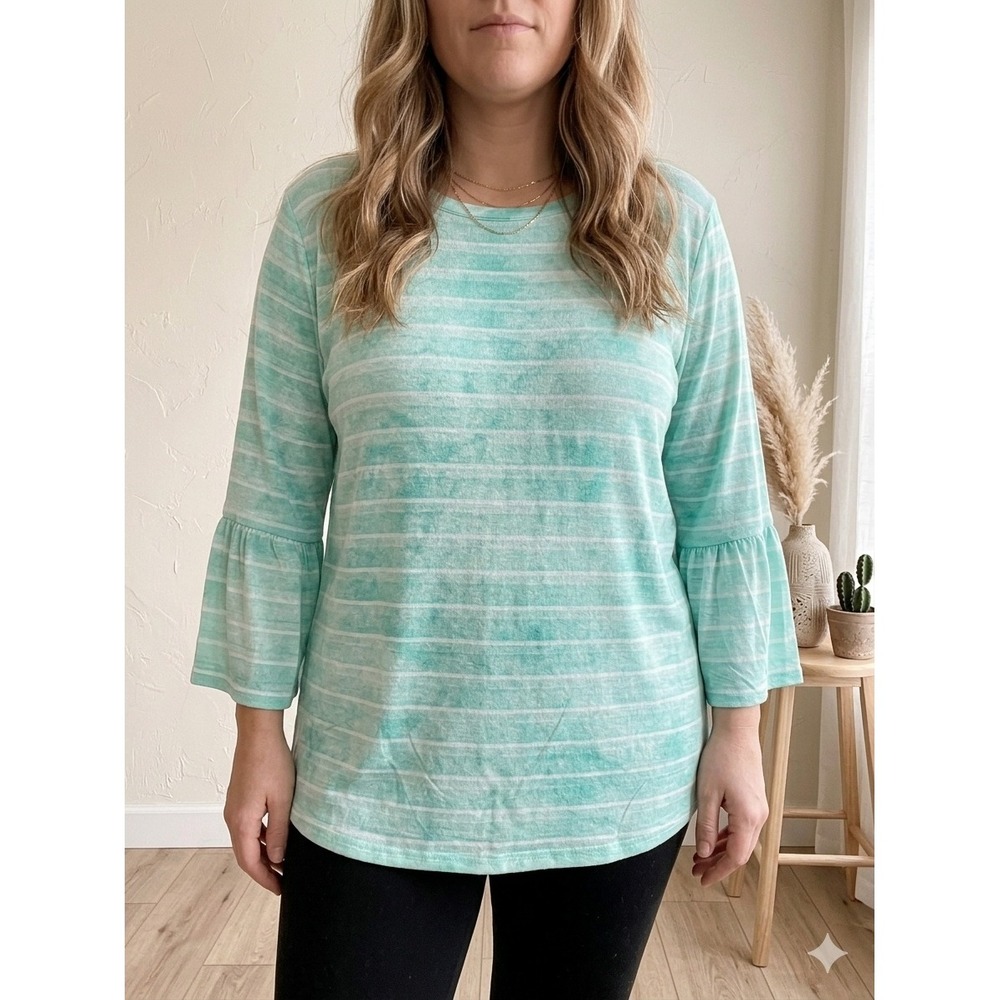 Erin London XXL Mint Green Striped Bell Sleeve Tunic Top Crew Neck Side Slit